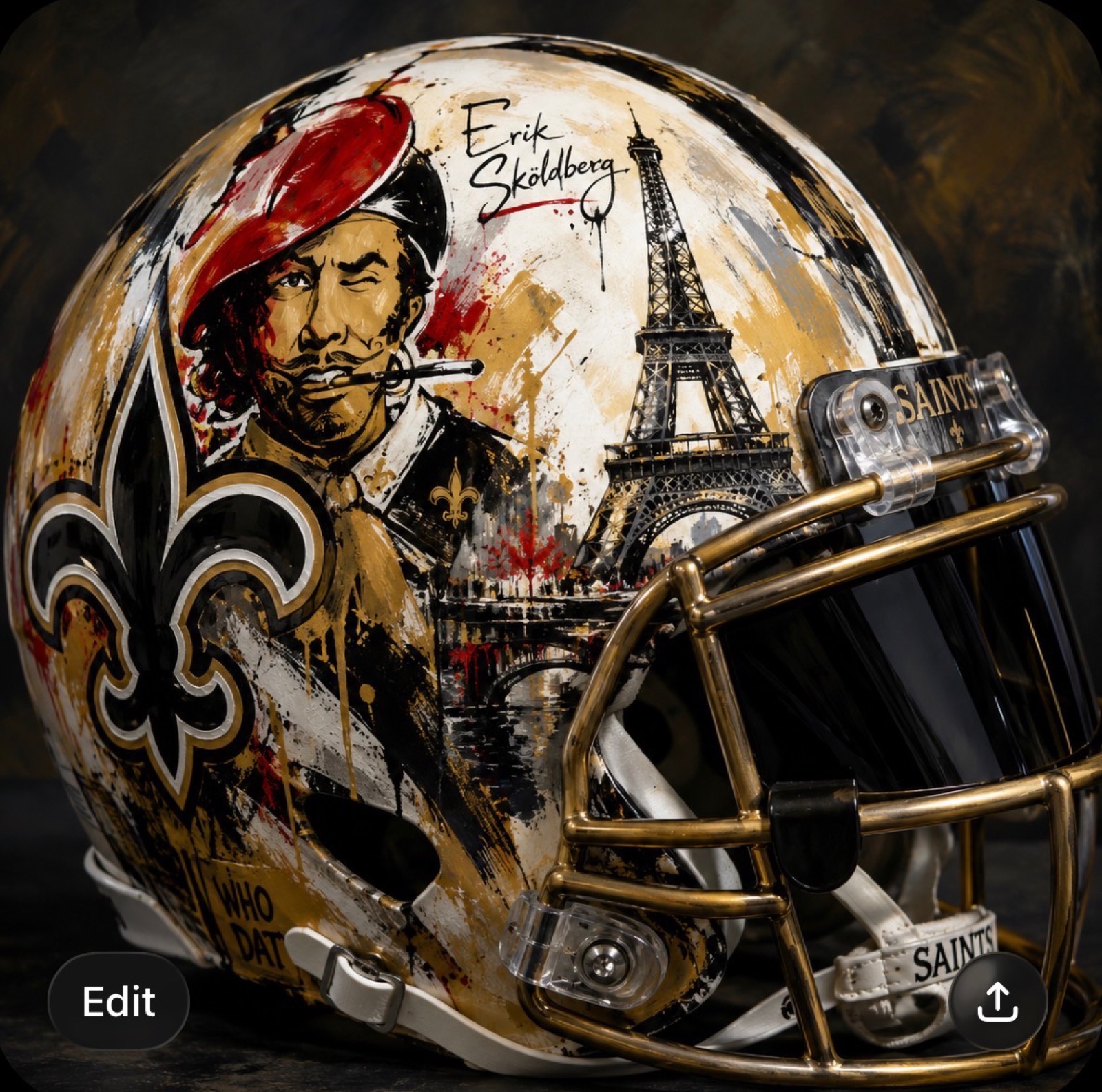 Hand-painted Saints art helmet with Eiffel Tower artwork